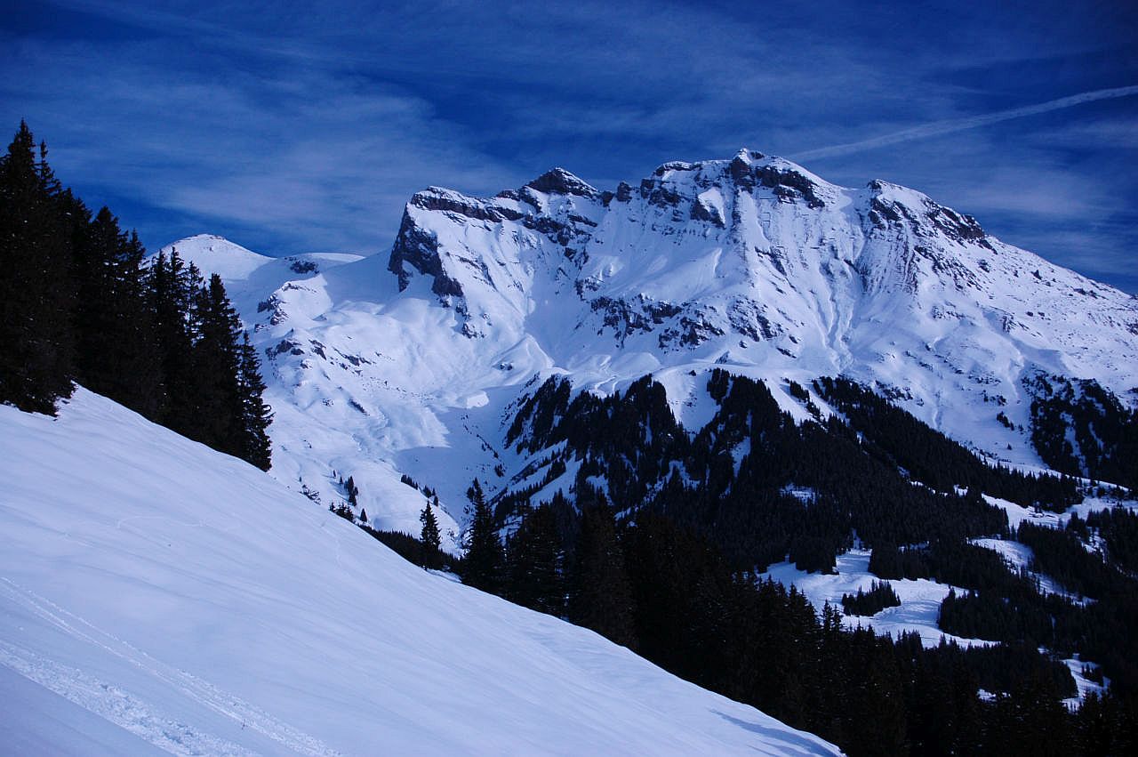 Auf dem Bild blickt man vom Winterwanderweg zum Männlichen nach Norden auf die andere Talseite von Grindelwald. Dort erhebt sich der mächtige Doppelgipfel von Reeti und Simelihorn. Links ist im Hintergrund noch die kleine Kuppe des Faulhorns zu sehen, mit dem Gipfelhaus. Der Himmel ist blau, aber mit dichten Schleierwolken überzogen.