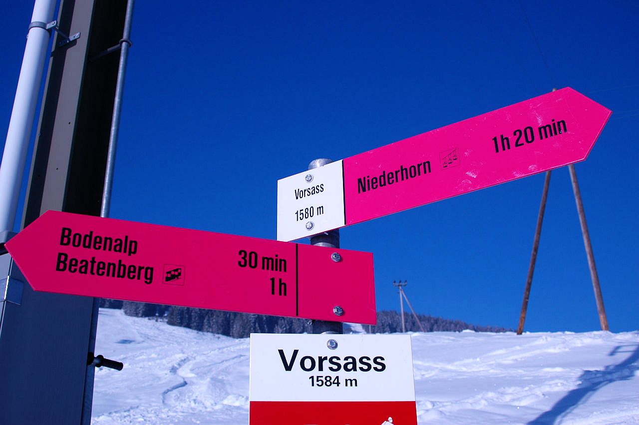 Auf dem Bild sieht man einen Wegweiser für Winterwanderwege in der Schweiz. Die Farbe der Pfeile ist pink.