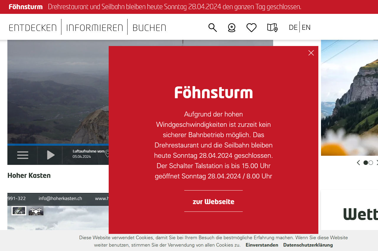 Auf dem Bild sieht man einen Screenshot der Website www.hoherkasten.ch. Dort ist die Info zu lesen, dass Seilbahn und Drehrestaurant am 28.04.24 wegen ganztägig Föhnsturm geschlossen sind.